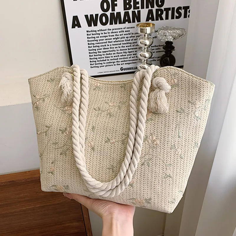 New And Simple Straw Bag Lace Bag Ins Straw Shoulder Bag Large Capacity Flower Fashion Women Handbag - White