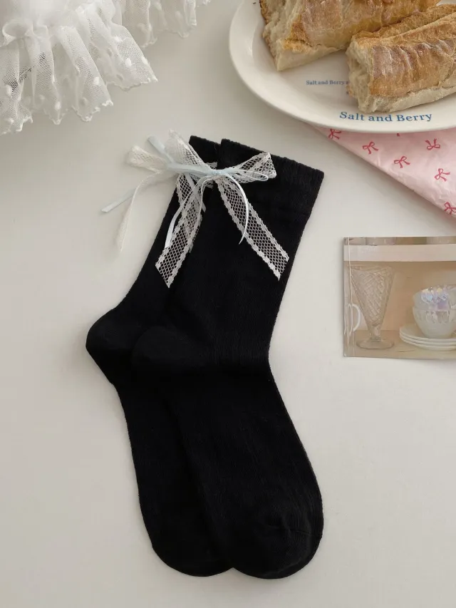 Summer Thin Boneless Ballet Style Ins Japanese Girl Lace Bow Ribbon Socks Women's Mid Tube Stockings Black - Shop at LoveMi