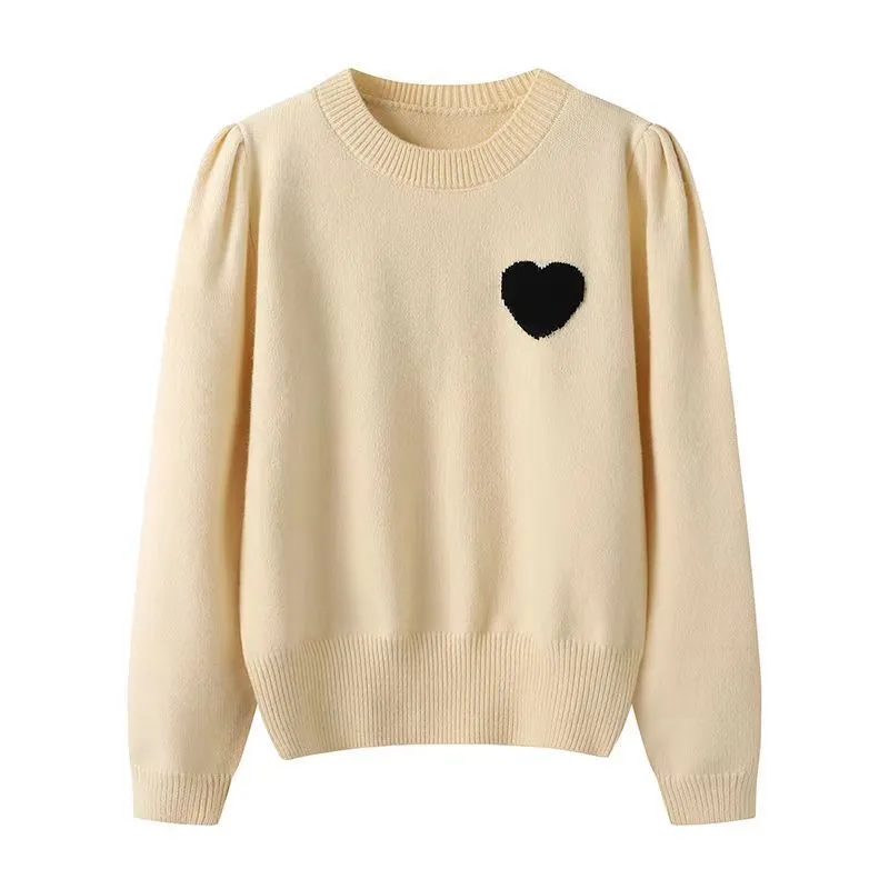 Korean Style Heart Embroidered Round Neck Sweater - White