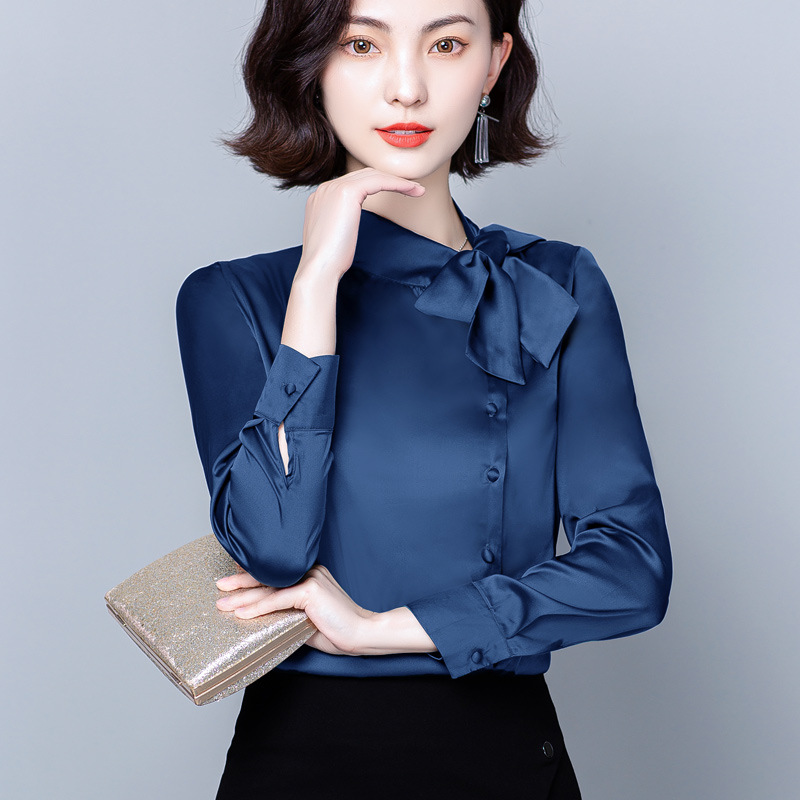 Women's Fashionable Simple Solid Color Silk-like Long-sleeved Chiffon Shirt