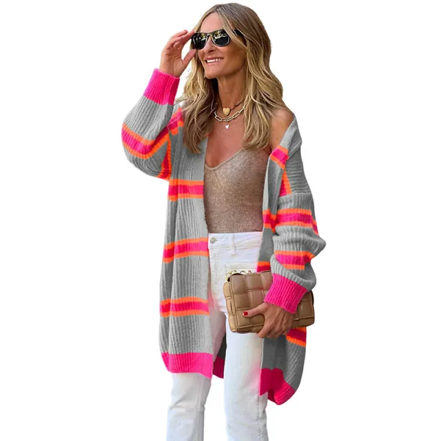 Striped Cardigan Sweater European And American Leisure Loose Knitted Coat Lc2711054 P3011 - Shop at LoveMi