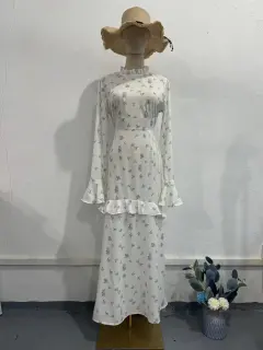 Gentle Floral Flounce Long Dress - White - View 1