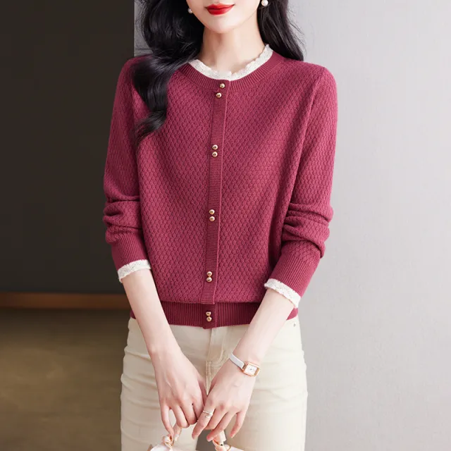 Fashionable Stylish Lace Round Neck Knitted Women Watermelon Red - Shop at LoveMi