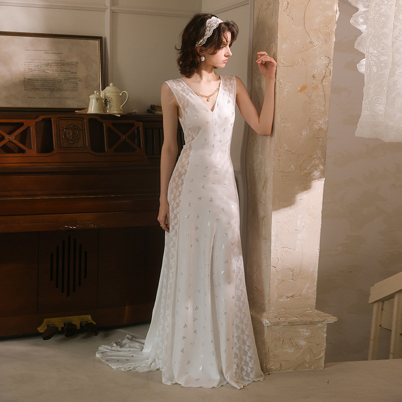 Lace-trimmed Floor-length Nightgown With A Deep V-neck