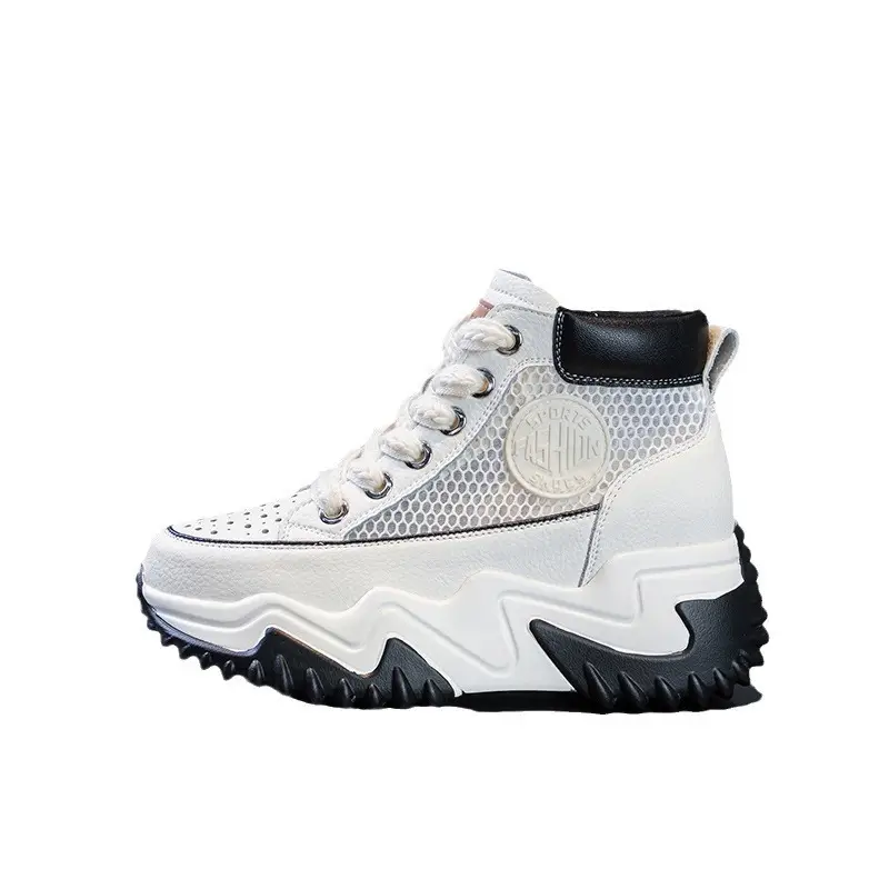 Air-perforated Wedge-heel Height-increasing High-top Casual White Sneakers