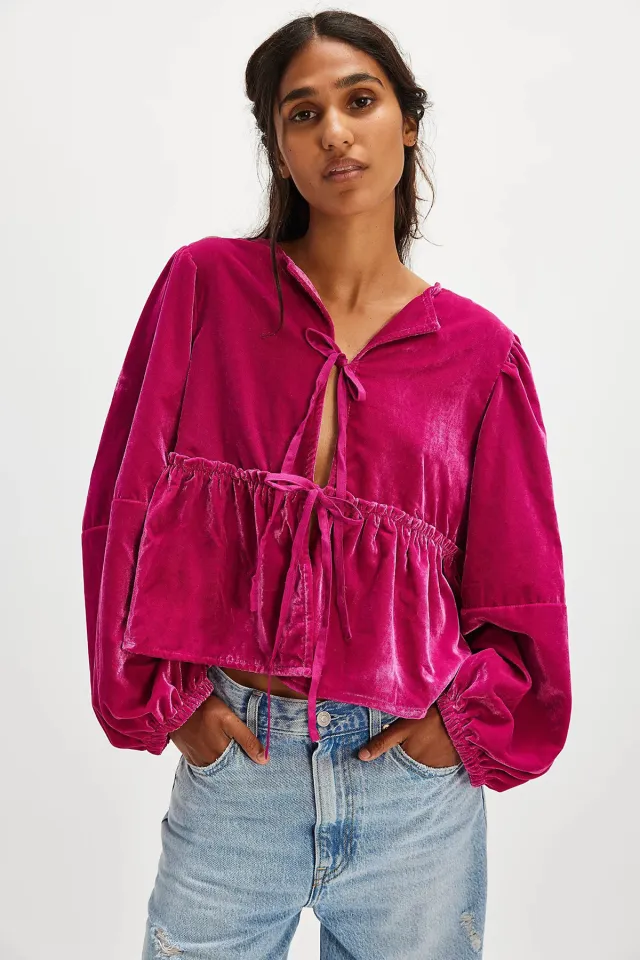 Women's Velvet Sweet Lace up Shirt Rose Red - Shop at LoveMi