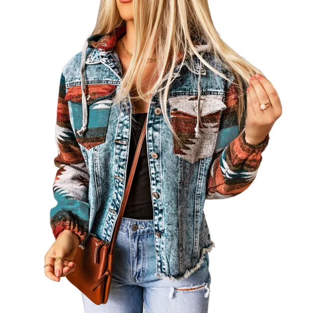 Western Style Denim Stitching Hooded Jacket Multi color Printed Frayed Hem Jacket Multicolor - Shop at LoveMi