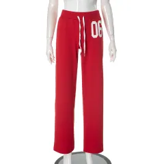 American Fashion Sports White Digit Offset Printing Casual Loose Trousers - Red - View 1