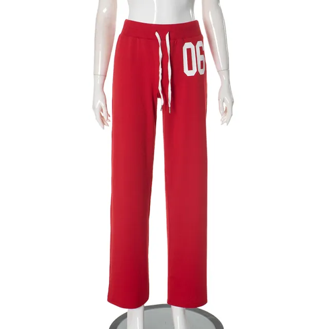 American Fashion Sports White Digit Offset Printing Casual Loose Trousers Red - Shop at LoveMi