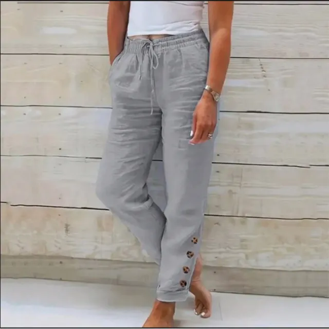Autumn Solid Color Cotton Linen Straight Casual Button Trousers For Women Gray - Shop at LoveMi