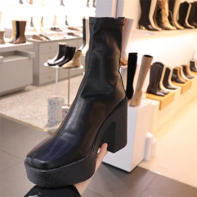 Korean Boots Square Toe Chunky Heel Waterproof Black - Shop at LoveMi