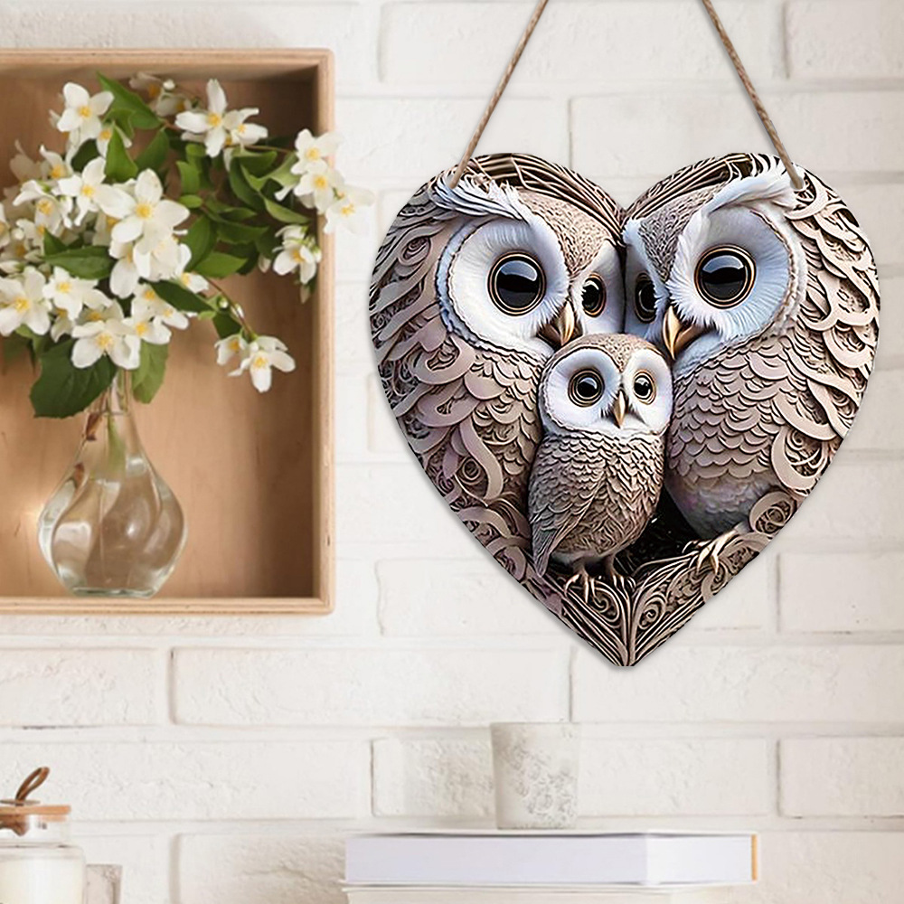 Retro Style Wooden Doorplate With Three Heart Shaped Owls As A Hanging Decoration