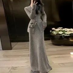 Elegant Pure Desire Spring Fall Slim Fit Knitted Sweater Coat Skirt Suit - Sweater Skirt - View 1