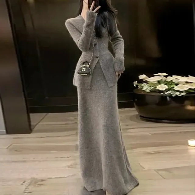 Elegant Pure Desire Spring Fall Slim Fit Knitted Sweater Coat Skirt Suit Sweater Skirt - Shop at LoveMi