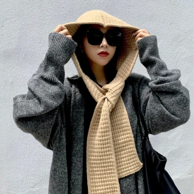 LAFA Fake Hoodie Hat Scarf Shawl Integrated Knitted Earflaps Rafa Scarf Hat Khaki - Shop at LoveMi