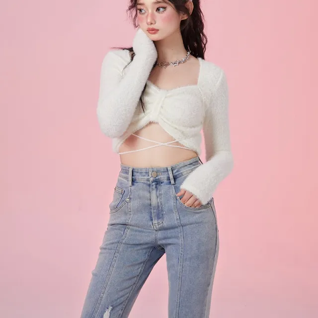 Front And Back Wearable Autumn And Winter Backless Lace up Mink Knitted Top White - Shop at LoveMi
