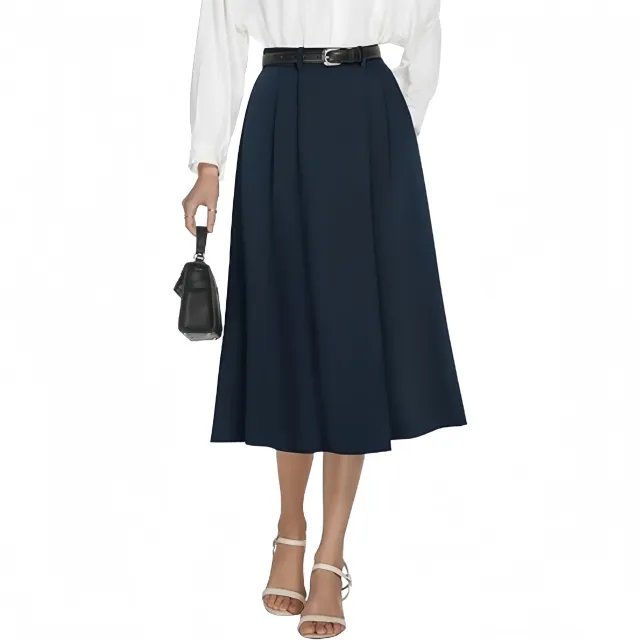 Business casual Flared A line Pleated Skirt With Pockets Blue - Shop at LoveMi