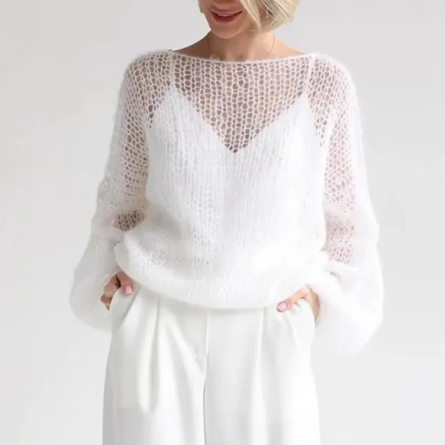 Pullover Simple Hollow Knitted Sweater White - Shop at LoveMi