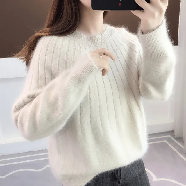 Women's Sweater Solid Color Short Pullover Round Neck Creamy White - Shop at LoveMi