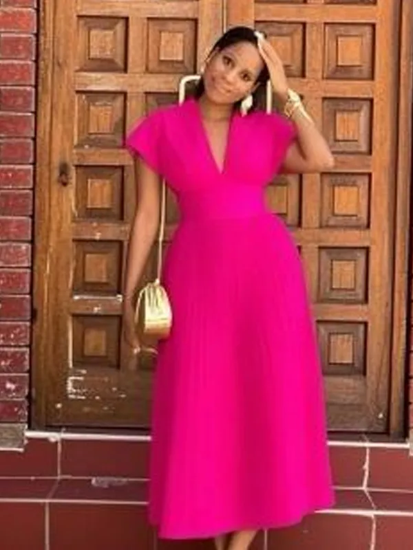 V neck Sexy Bat Sleeve Slim fit Pleated A Line Dress Rose Red - Shop at LoveMi