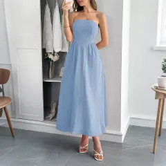 European And American Elegant Tube Top A- Line Dress Dress - Blue - View 1