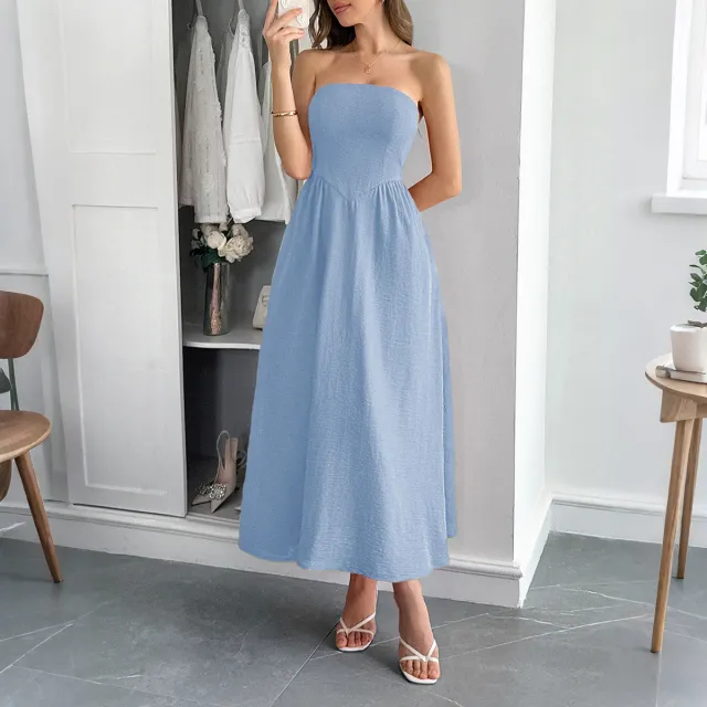 European And American Elegant Tube Top A Line Dress Dress Blue - Shop at LoveMi