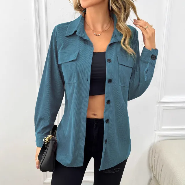 Corduroy Lapel Shirt Vintage Cardigan Pocket Shirt Coat Women Blue - Shop at LoveMi