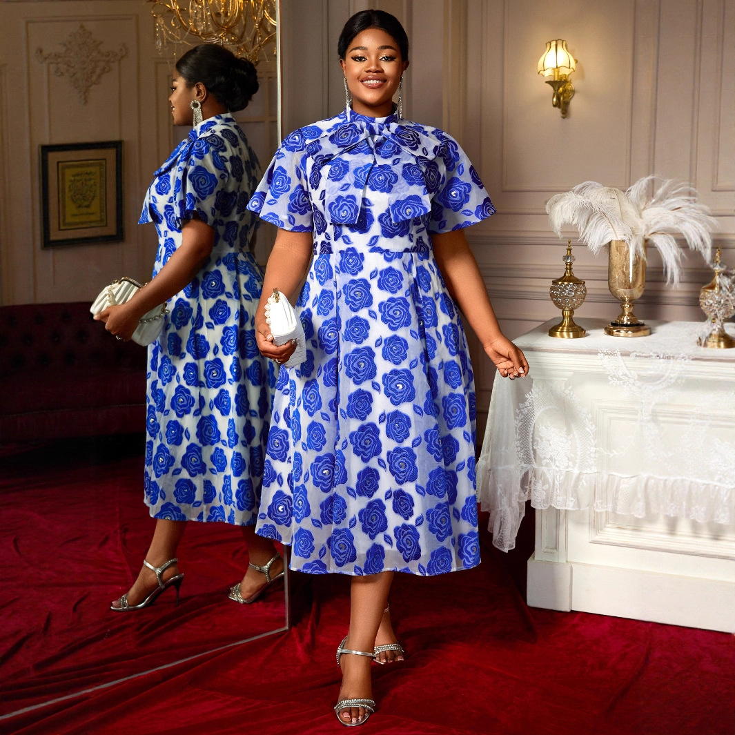 Half Turtleneck A- Line Tie Neckline Strap Bow Blue Embossed Dress