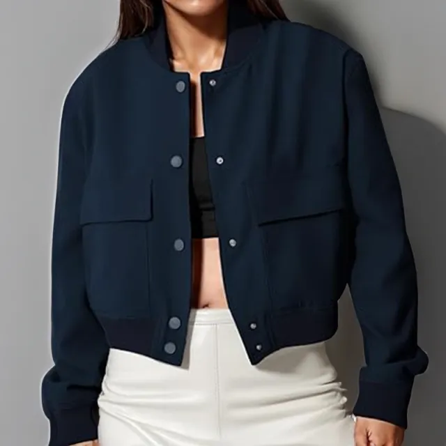 Stand Collar Large Pocket Women's Jacket Coat Navy Blue - Shop at LoveMi