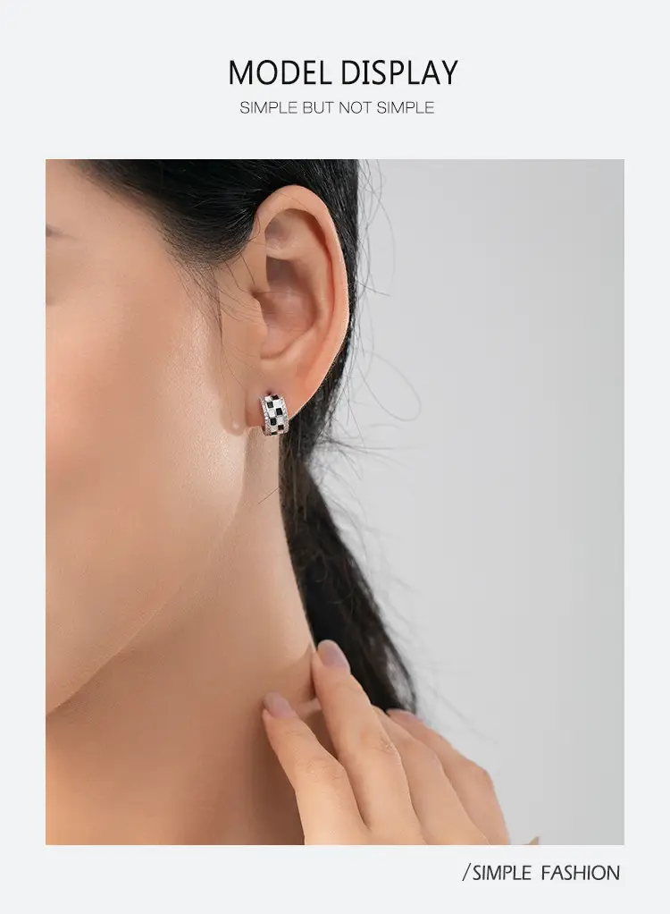 S925 Silver Chessboard Lattice Micro-inlaid U-shaped Ear Studs