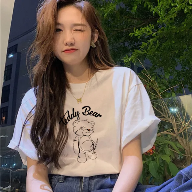 Short sleeved Women's Clothing Ins Fashion Printing Fashion All matching Sketch Bear Xl - Shop at LoveMi