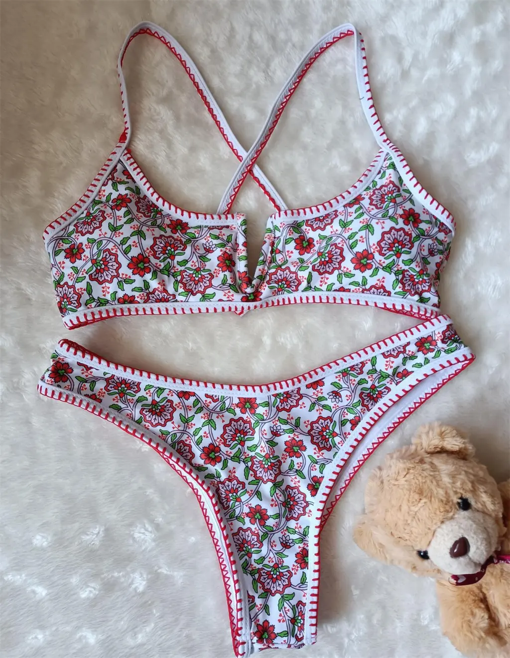 V-neck Embroidery European And American Printed Swimsuit - Color-S