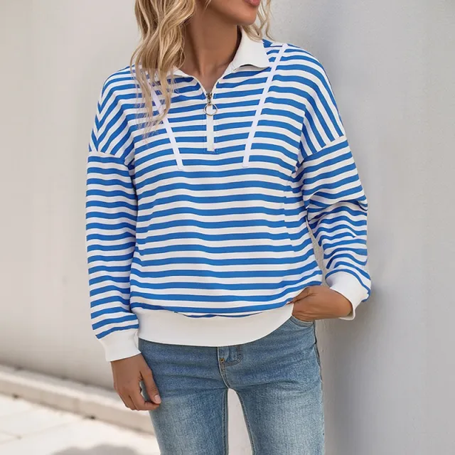 Autumn Long Sleeve Striped Loose T shirt Casual Polo Collar Zipper Pullover Sweater For Women Blue - Shop at LoveMi