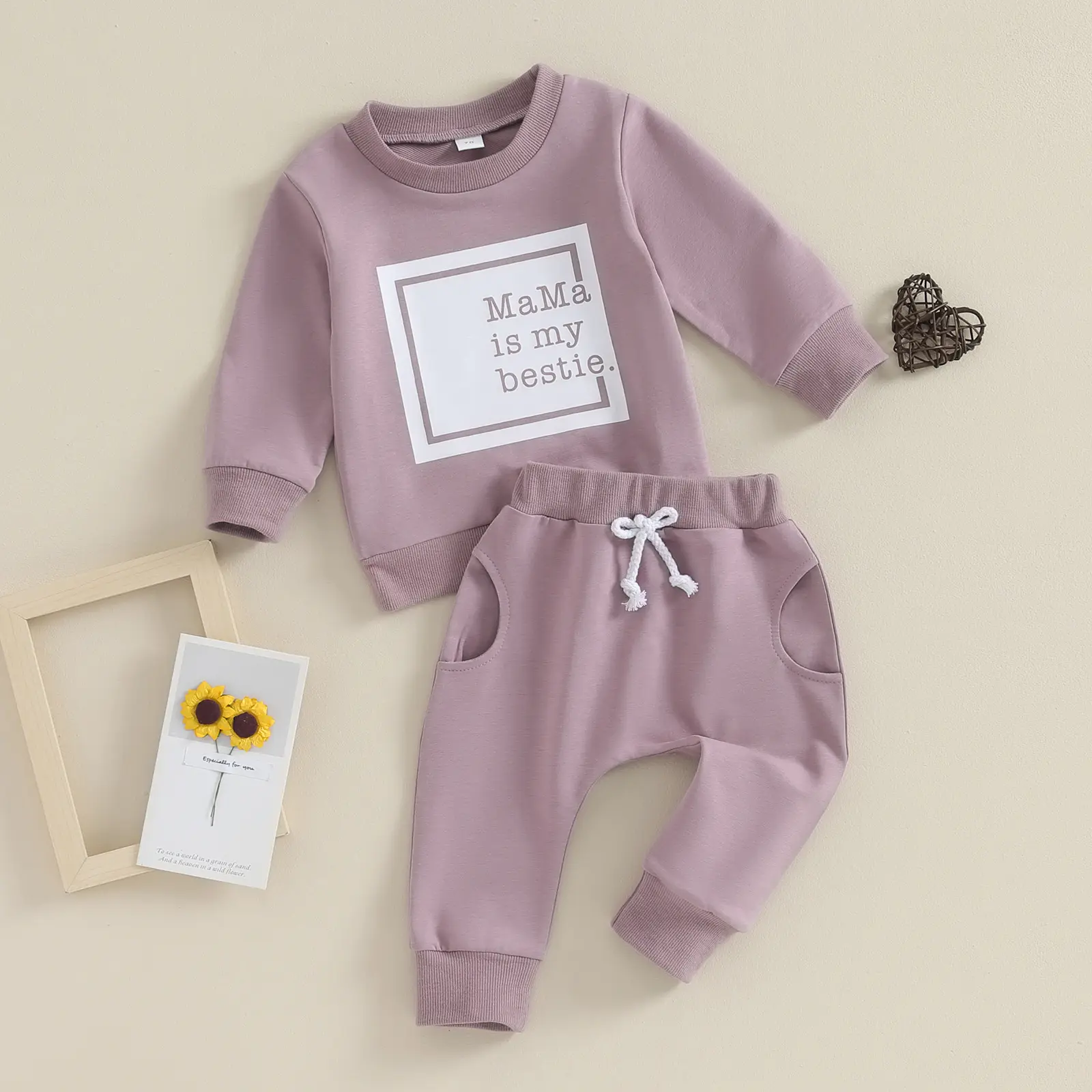 Letter-print Long-sleeve Top And Solid-color Pants Two-piece