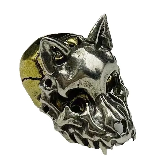 Brass Vintage Double-layer Flip Beast Mask Skull Hand Strap Pendant DIY - Pendant