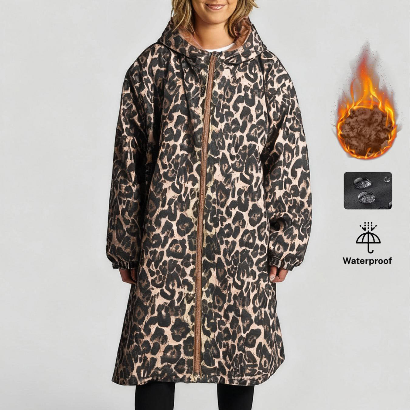 Fleece-lined Hooded Zip-up Leopard-print Coattrench Coat