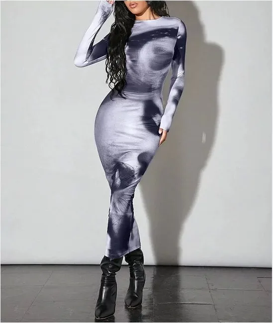 Fashion Women's Printed Wear Long Sleeve Narrow Dress Collarless 6 - Shop at LoveMi