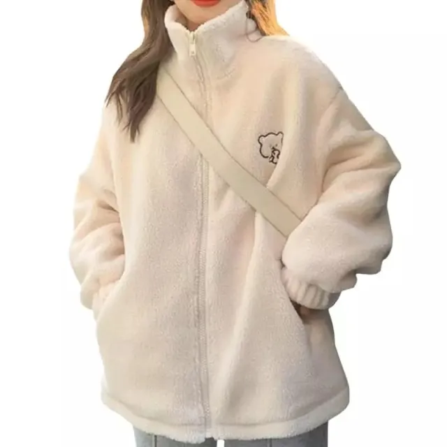 Loose Lapel Lamb Wool Coat For Women Thickened Western Style Cute Bear Plush Top Beige - Shop at LoveMi