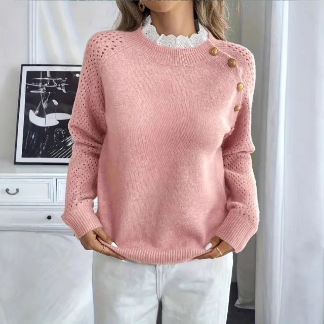 Lace Stitching Collar Design Round Neck Sweater Pink - Shop at LoveMi