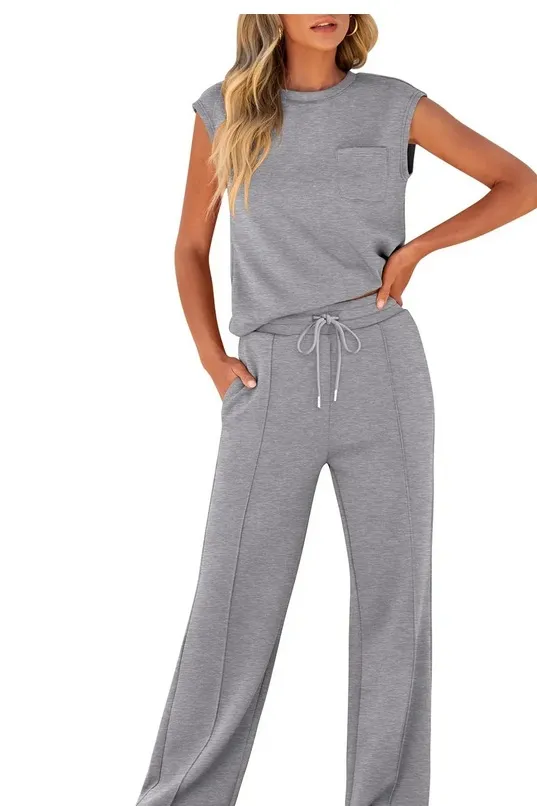 European And American Autumn And Winter New Sleeveless Casual High Elastic Loose Two piece Suit Women Gray - Shop at LoveMi