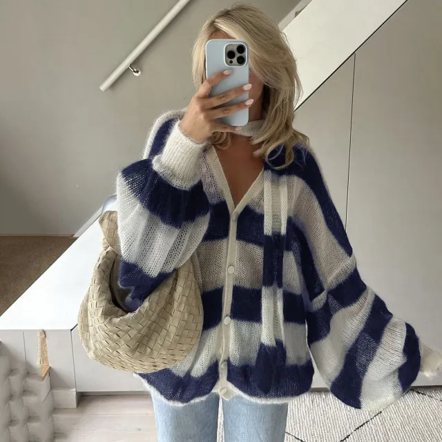 Loose And Idle Striped Sweater Cardigan With Scarf Royal Blue White - Shop at LoveMi