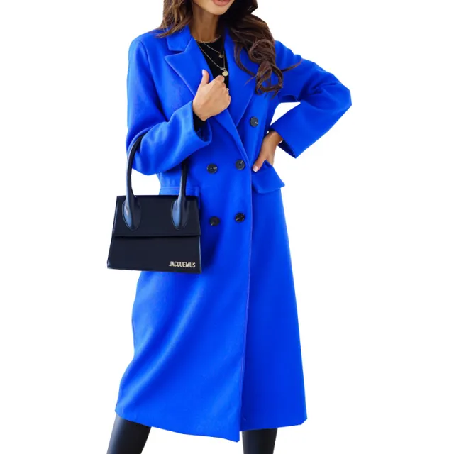 Simple Double Breasted Long Sleeve Lapel Button Woolen Coat Dark Blue - Shop at LoveMi