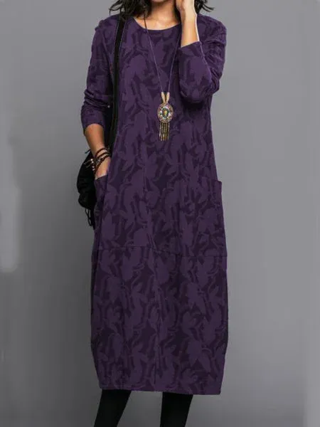 Printing Crew Neck Casual Temperament Long Sleeve Pocket Dress - Purple