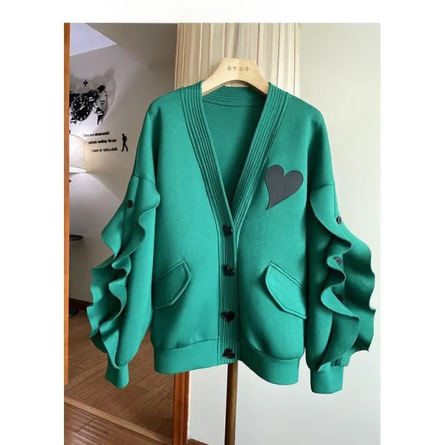 Female Lace Sleeve Loose Casual Jacket Green - Shop at LoveMi