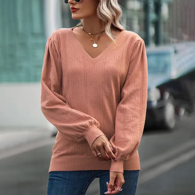Temperament Leisure Long Sleeve V neck Sweater Orange - Shop at LoveMi