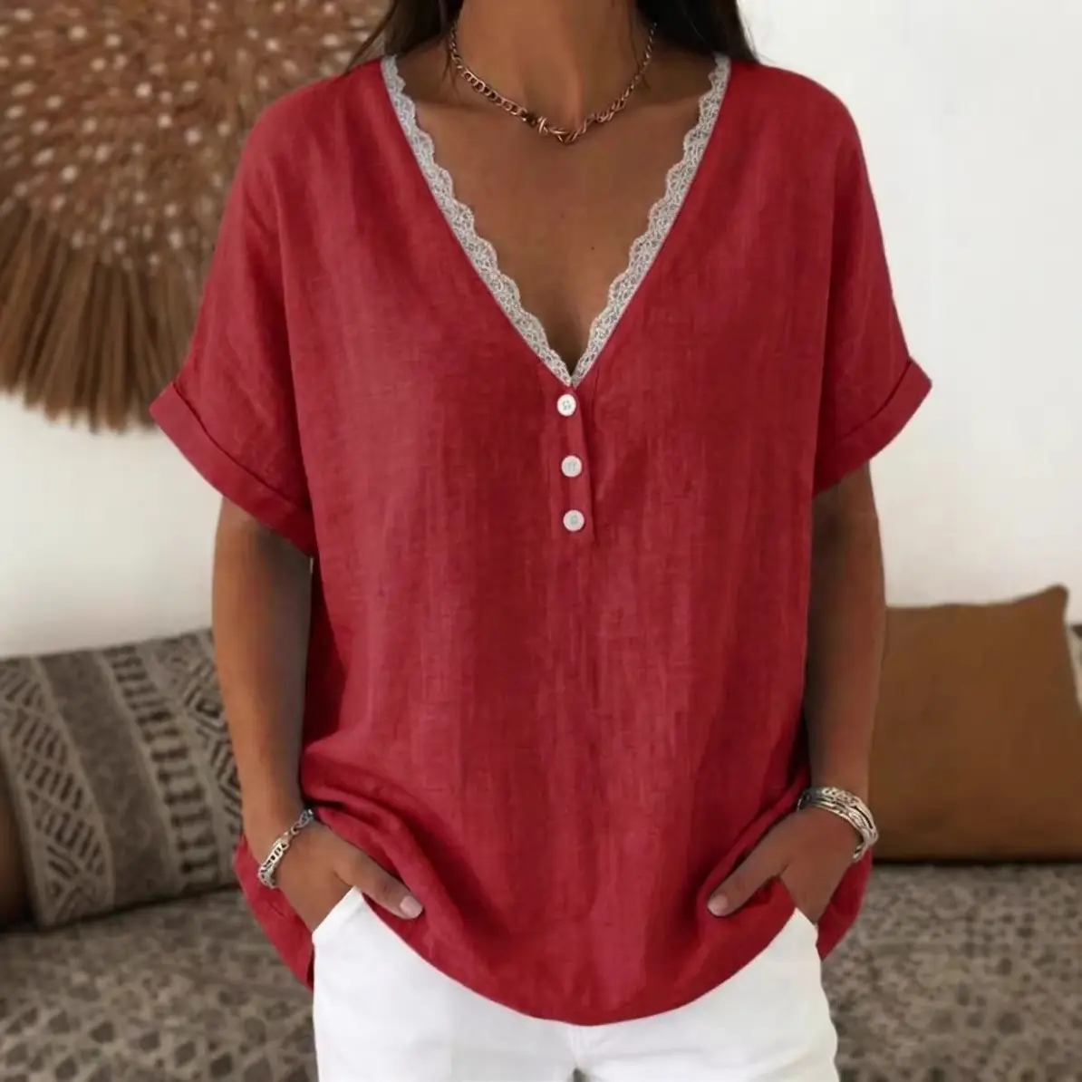 Fashionable Casual Solid-color Lace-trimmed Collar Short Sleeves