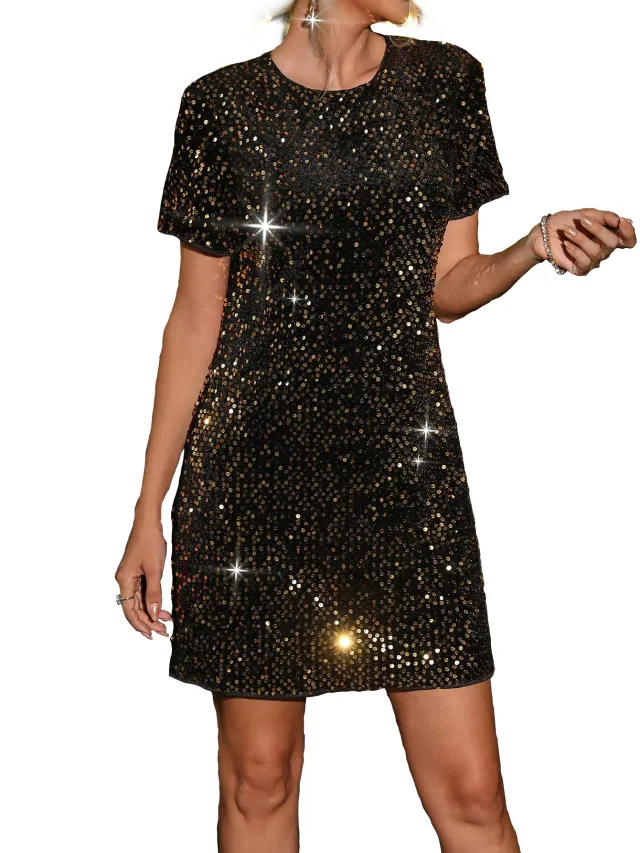 Women's Round neck Sequined Solid Color Fashion Short sleeved Jumpsuit Night Black Gold - Shop at LoveMi