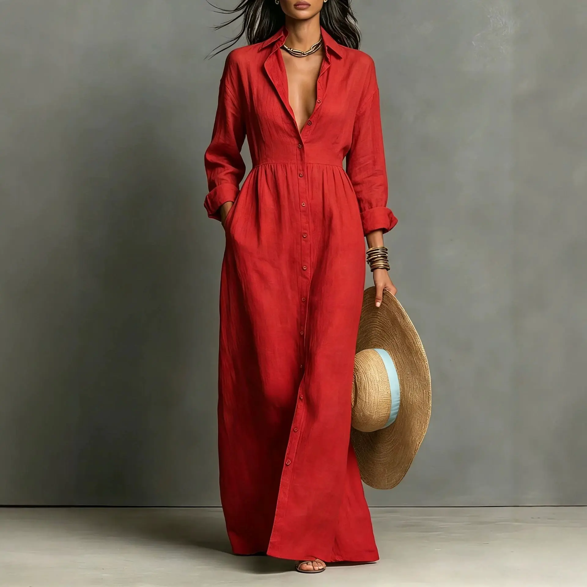 Womens Fashionable Solid-Color Buttoned Long-Sleeve Lapel Dress
