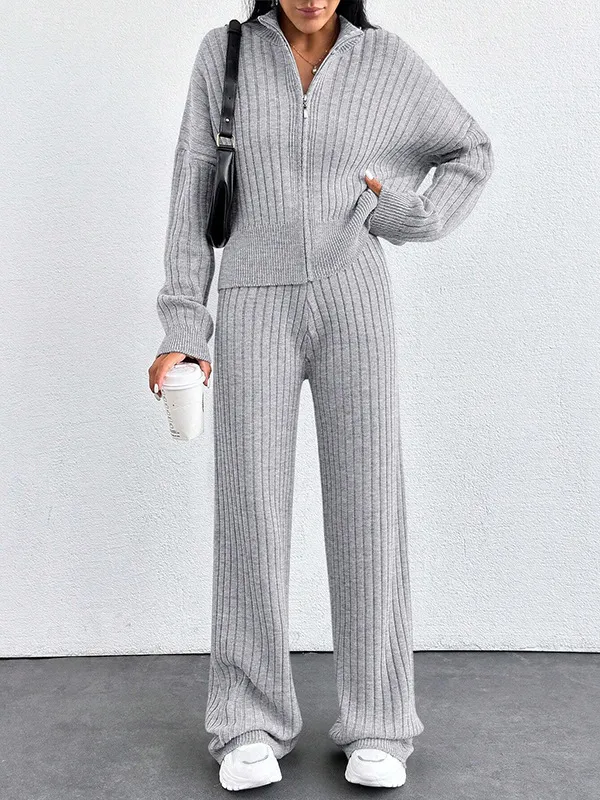 Autumn And Winter New European And American Women's Casual Loose Zip Top And Trousers Two piece Set Light Gray - Shop at LoveMi