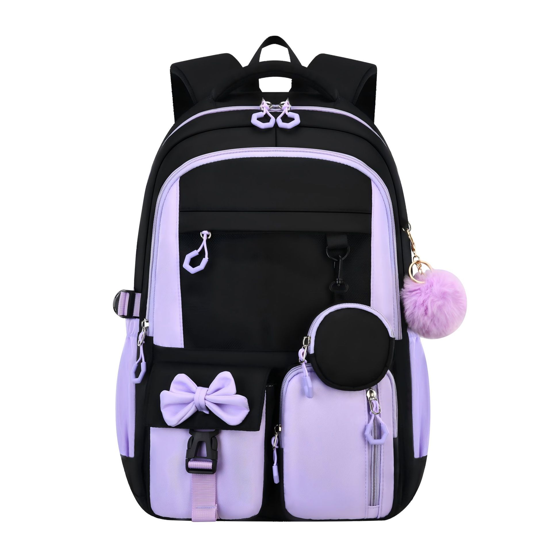 Simple Three-Piece Backpack Set For Elementary And Middle School Students Black And Purple